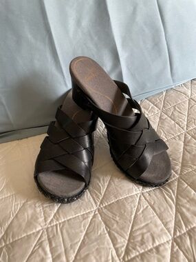 Dansko Black Woven Wedge Slide Sandals